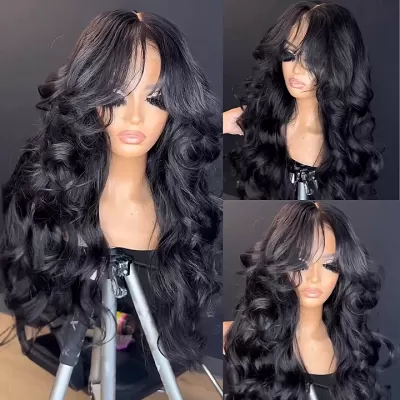 300% Density Luxury custom wigs Curtain Bangs Loose Wave Glueless 13x4 Lace Front Wigs Clear Transparent