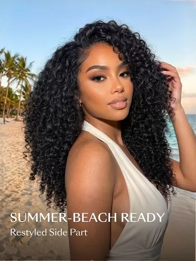 Mixed Texture Lace Natural Black Jerry Curly Wig with Defined Finger Coil Ends