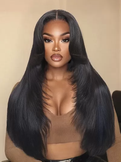 Pre-Everything Lace Frontal Black Feather Layer Cut Straight Glueless With Invisi Drawstring