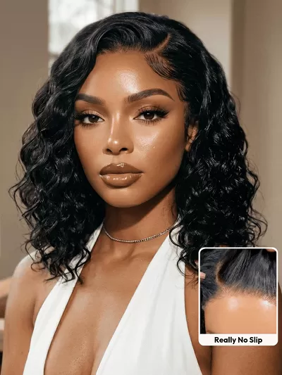 220% density 6x4 Glueless Lace "C" Side Part Shoulder-length Water Wave Short Wavy Bob Soft Natural Waves Wig With Invisi Drawstring