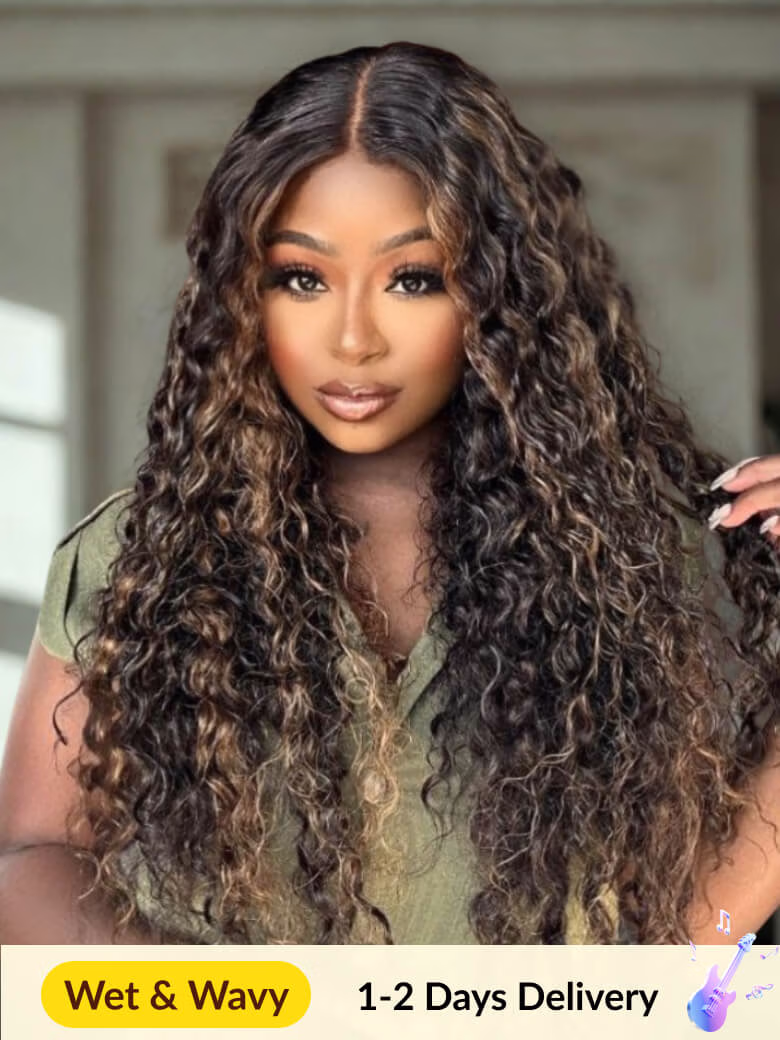 13x4 Pre Everything Natural Black with Caramel Blonde Highlights Water Wave Lace Frontal Wig With Invisi Drawstring