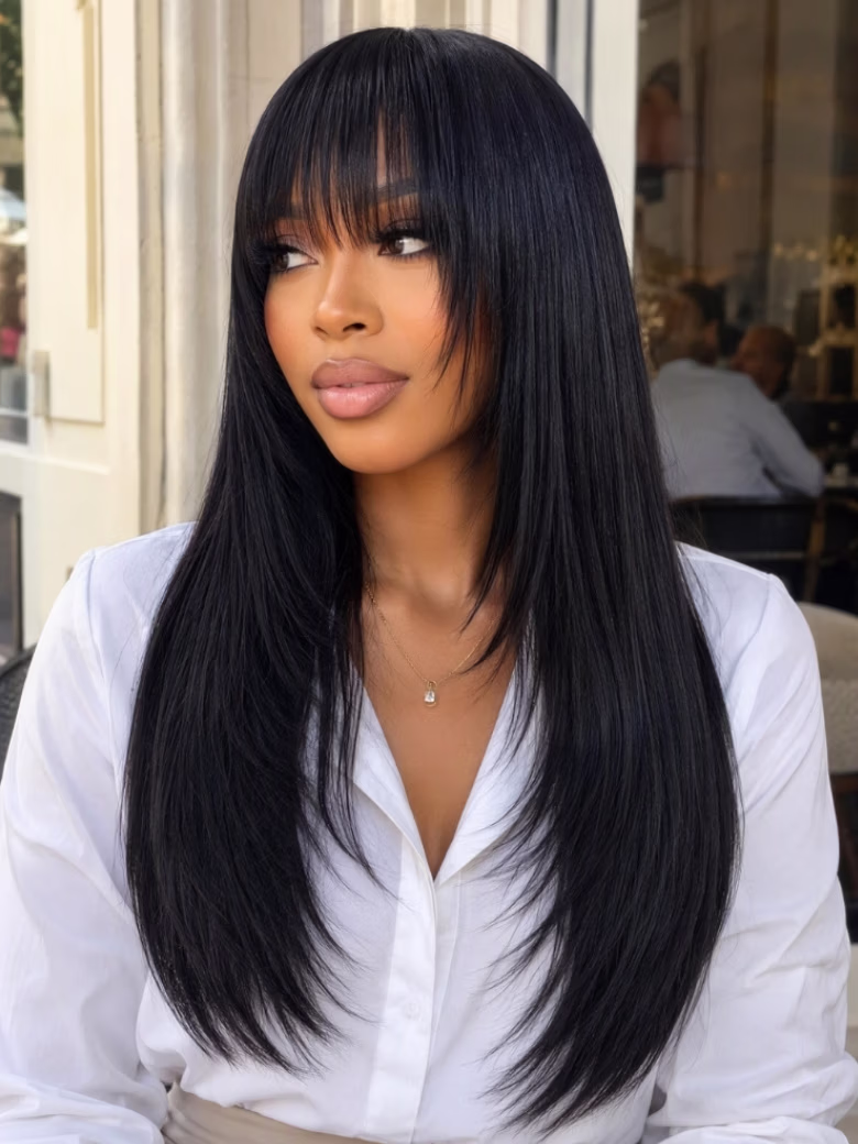 Glueless Minimalist Lace Wig Layered Yaki Straight Wig with Wispy Bangs