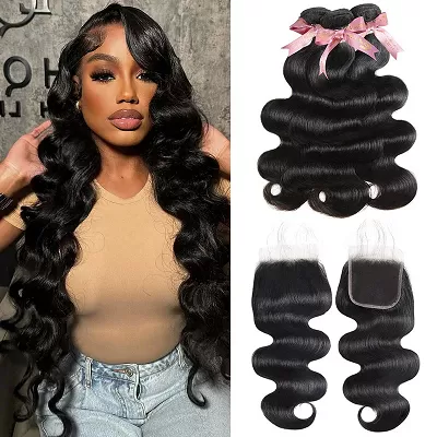 Ishow 12A Grade Peruvain Body Wave/Straight Human Hair 3 Bundles With 4x4 HD Lace Closure