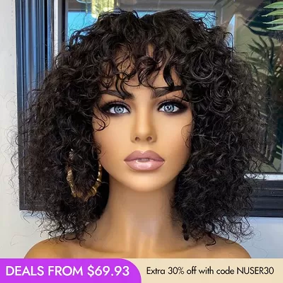 Beginner Friendly Water Wave Minimalist Lace Glueless Short Curly Wig with Bangs