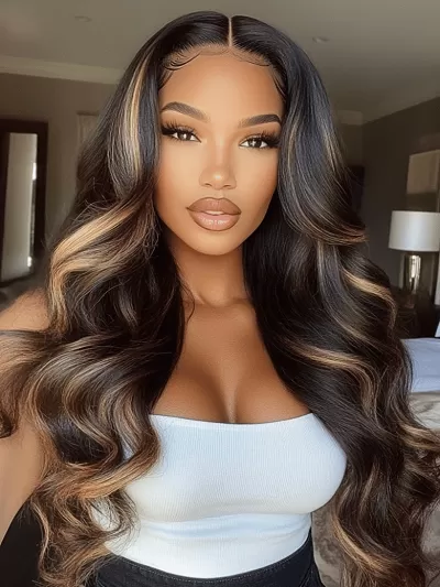 7x5 Bye Bye Knots™ Glueless Lace Wig Black With Blonde Highlights 3D Body Wave Clean Bleached Knots