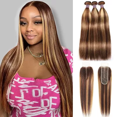 Ishow Human Hair Bundles With 2x6 Lace Closure P4/27 Highlight Straight Hair Bundle With Closure