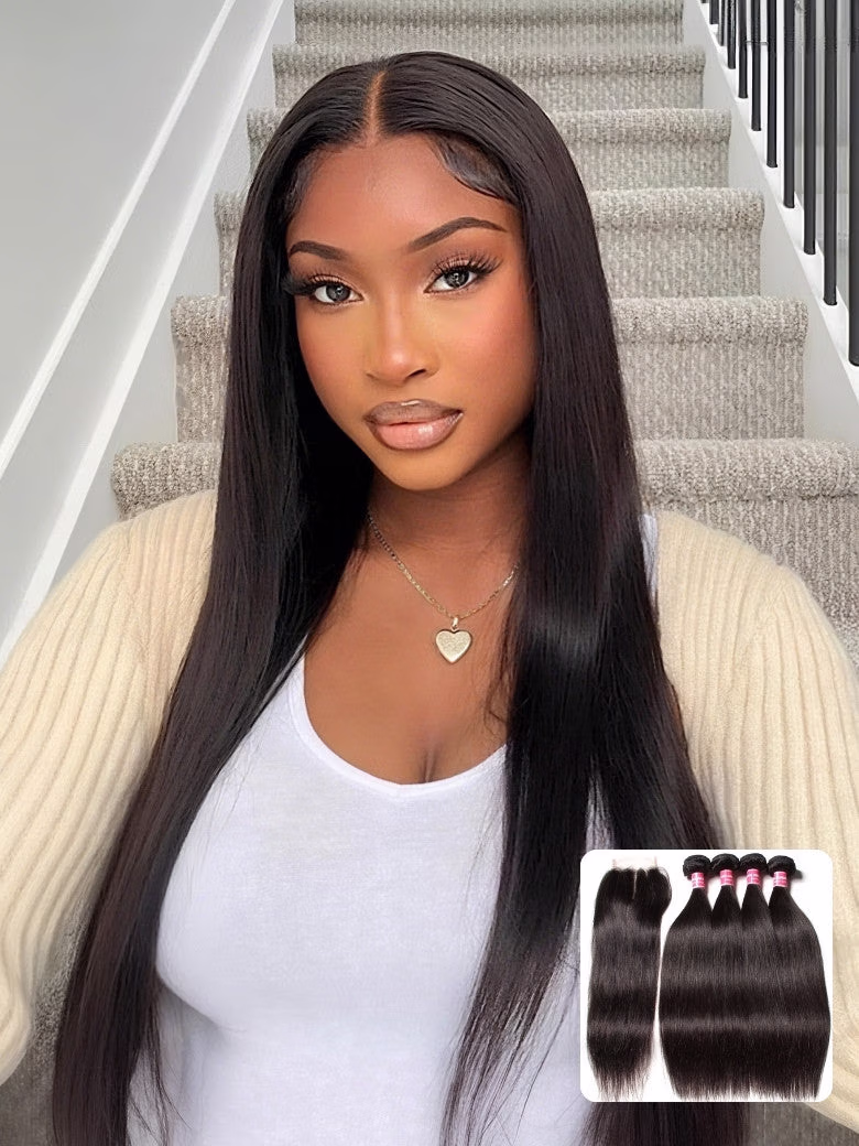 Virgin Peruvian Hair Straight Hair 4 Bundles With 4*4 Lace Closure Peruvian Hair Weaves