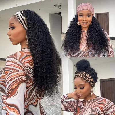 Throw On & Go Natural Black Deep Wave No Lace Glueless Long Headband Wig (Get Free Trendy Headbands)