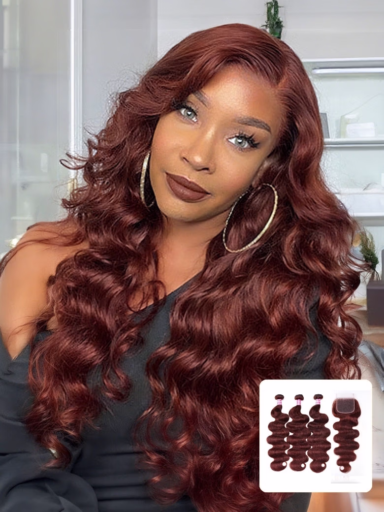 Reddish Brown Body Wave Human Hair 3Bundles with 4x4 Lace Closure