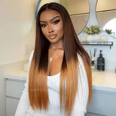 Luxury Yaki Straight 200% Density Dark Brown to Honey Blonde Ombre Color Glueless Human Hair Wig