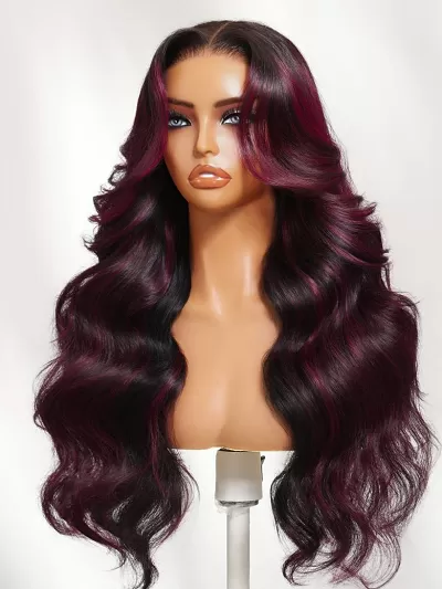 13x4 Pre-Everything™ Lace Frontal Black With Burgundy Highlights Loose Wave Wig with Face Framing Layers