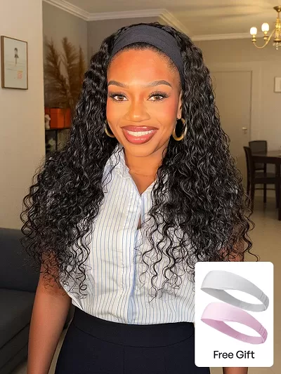 Beginner Friendly Water-Wave Wet and Wavy Headband Wig with Integrated Cooling Silk Headband, Effortless Wet-to-Dry Transformation (Get 2 Free Headbands)