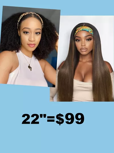 Low Maintenance Put On& Go Chestnut Brown Ombre Yaki Straight Headband& Afro Kinky Curly Half Human Hair Glueless Wig