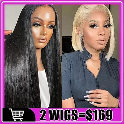 Bone Straight 13X4 Lace Frontal Wig Pre Plucked + 12Inch 613 Blonde Bob Wig