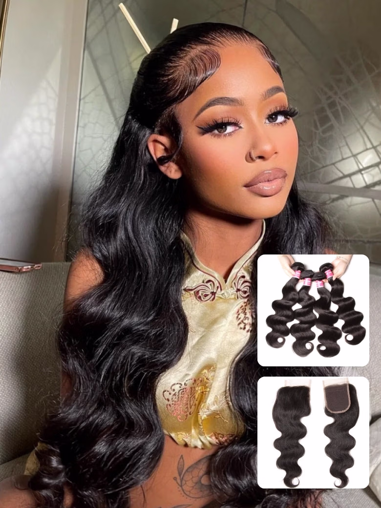Brazilian Body Wave Remy Human Hair 4 Bundles With 4*4 Lace Closure 100% Human Hair Extensions