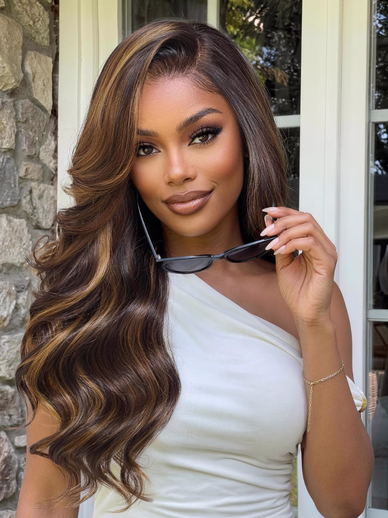 Dark Brown With Golden Highlights Body Wave 7x5 Bye Bye Knots With Invisi Drawstring