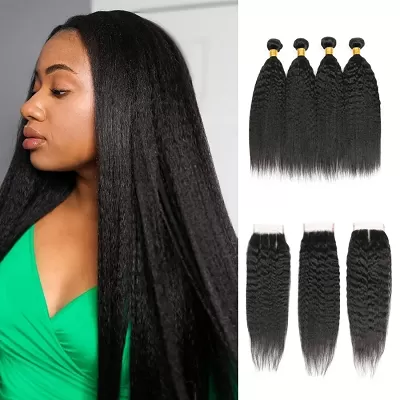 Amanda Indian Hair Kinky Straight 4 Bundles With 4*4 Lace Closure 9A Grade 100% Unprocessed Human Hair Hot Item