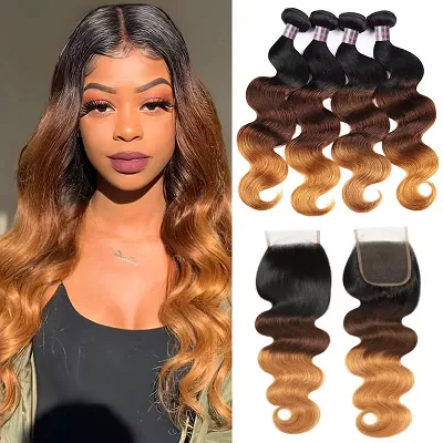 Ishow Brazilian Hair Body Wave 4 Bundles With 4*4 Lace Closure 3 Tone Ombre T1B/4/27 Colored Brown Human Hair Bundles