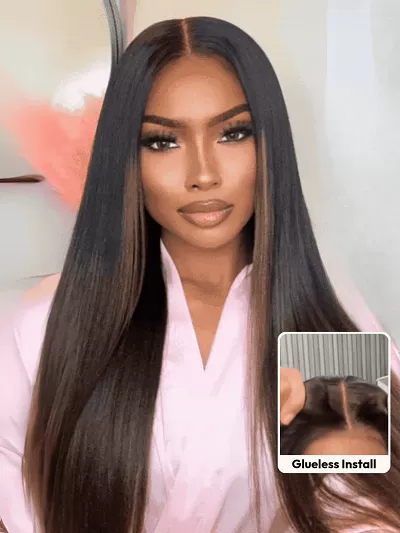 UNice 7x5 Bye Bye Slip Lace Black to Chestnut Brown Ombre Yaki Straight Wig With Invisi Drawstring