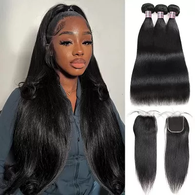 Straight Hair Bundles with Closure Brazilian Human Hair 3 Bundles with 4x4 Lace Closure