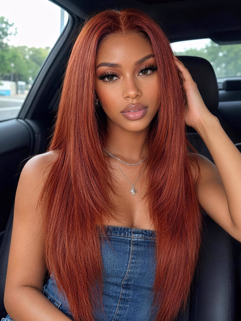 Reddish Brown Long Layered Cut Straight 7x5 Bye Bye Knots No Slip Wig With Invisi Drawstring