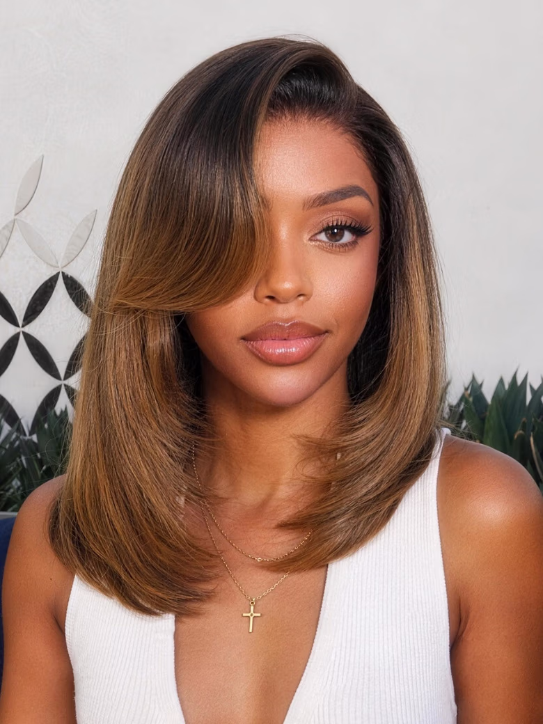 Ombre Chestnut Brown 7x5 Pre Cut Rachel-Inspired Blunt Layered 90s Blowout Silky Straight Bob Lace Wig