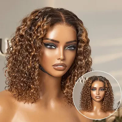 1 SEC INSTALL WIG / Ombre Brown Highlight Deep Curly Glueless 5x5 Closure Pre-Cut Lace Wig Breathable Cap