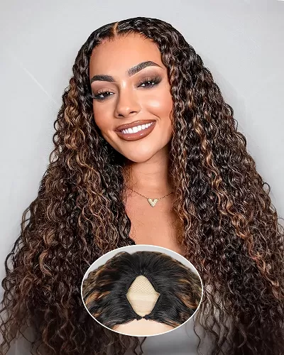 Arabella V-Part Lace Glueless Auburn Highlights on Black Hair Jerry Curly Wig Invisi Drawstring Clip & Go