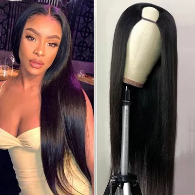 U Part Shape Leave Out Glueless Wigs Remy Brazilian Hair Straight Wig For Black Women 150% Density