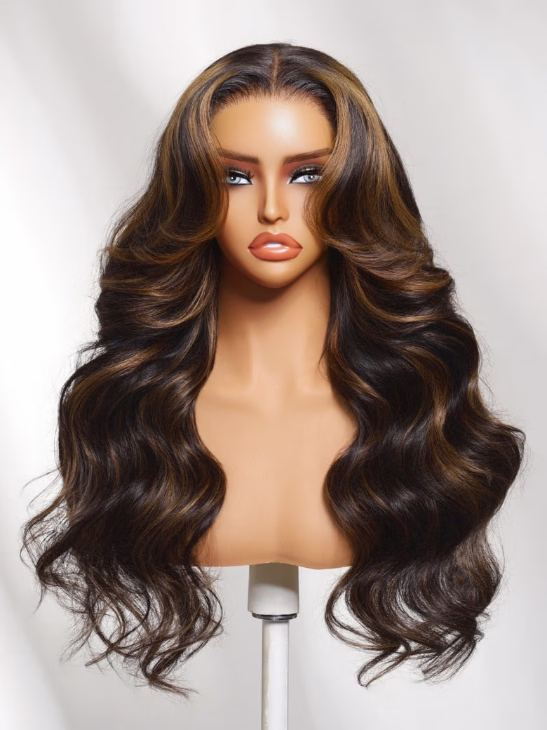 7x5 Pre Cut Golden Brown Highlights Bye Bye Knots Body Wave Lace Wig With Invisi Drawstring