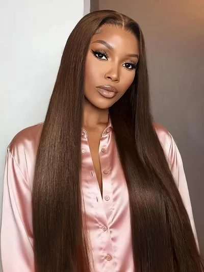 4x4 Pre-Cut Lace Chocolate Brown Yaki Straight Bye Bye Knots Glueless With Drawstring Wig