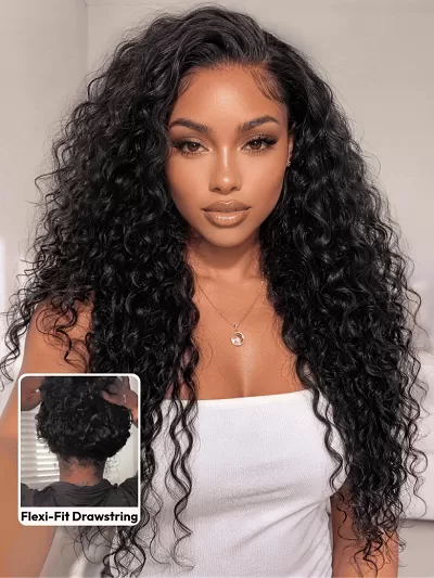 7x5 Water Wave & Curly Mixed Pre Cut Lace Human Hair Wigs With Invisi Drawstring