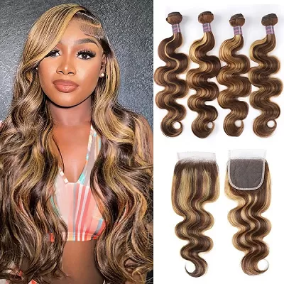 Ishow Brazilian P4/27 Highlight Human Hair Bundles With Closure Body Wave Human Hair 4 Bundles With 4x4 Lace Closure