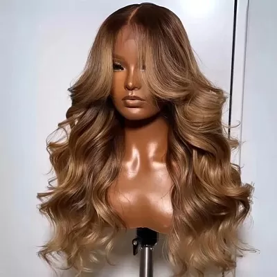 Highlights Brown with Blonde Glueless Loose Wave Natural Curtain Bangs Hair Clear Transparent Lace Front Wigs For Women