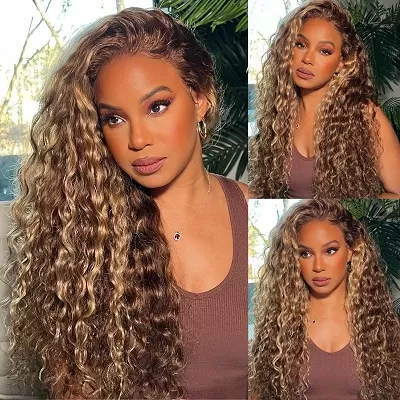 Glueless Honey Blonde Water Wave 13x4 Lace Front Wig + Burmese Curly End Glueless 7x5 Lace Wig 200% Density Double Drawn