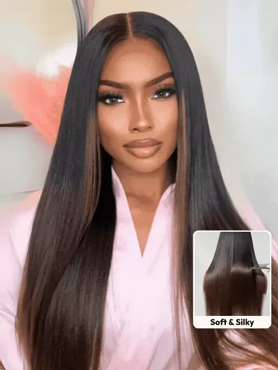 20inch 7x5 Bye-Bye Knots Lace Black to Chestnut Brown Ombre Yaki Straight Wig With Invisi Drawstring