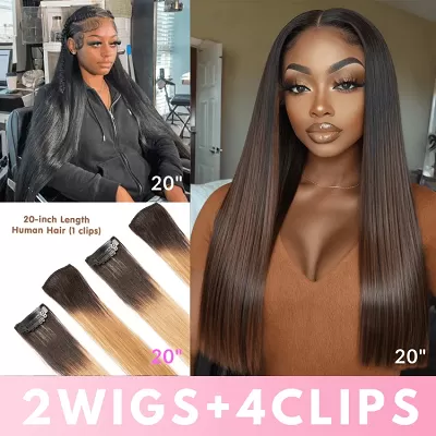 3 Bulk 20" Ombre Brown Straight 6×4 Lace Closure Wig+20" 7×5 Glueless Lace Side Parting Straight Wig+20" Hair Clip×4pcs