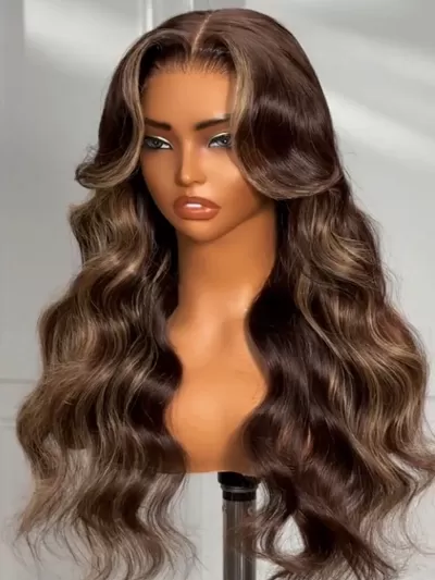 7x5 Bye-Bye Knots Lace Chocolate Brown Hair With Highlights Loose Wave Wig With Face Framing Layers 150% Density