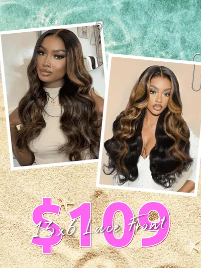 13X6 Balayage Highlight& 7x5 Bye-Bye Knots Black with Caramel Blonde Highlights Body Wave Lace Wig With Drawstring