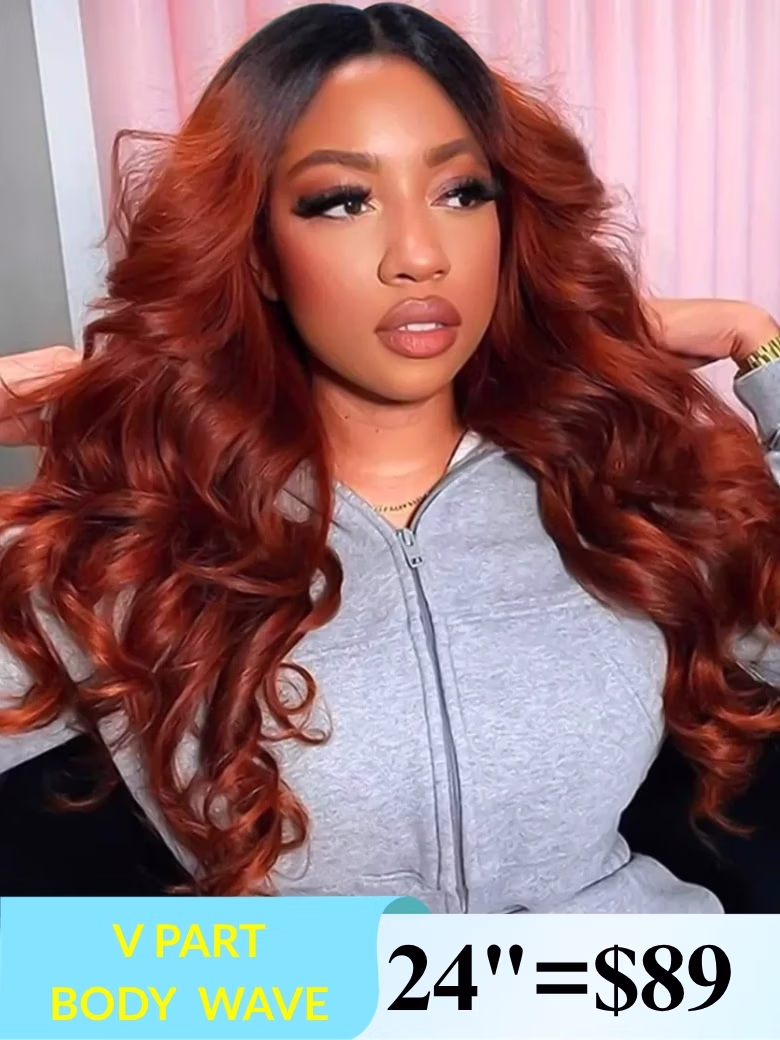 Reddish Brown Dark Roots V Part Wig Body Wave Glueless Wigs 180% Density
