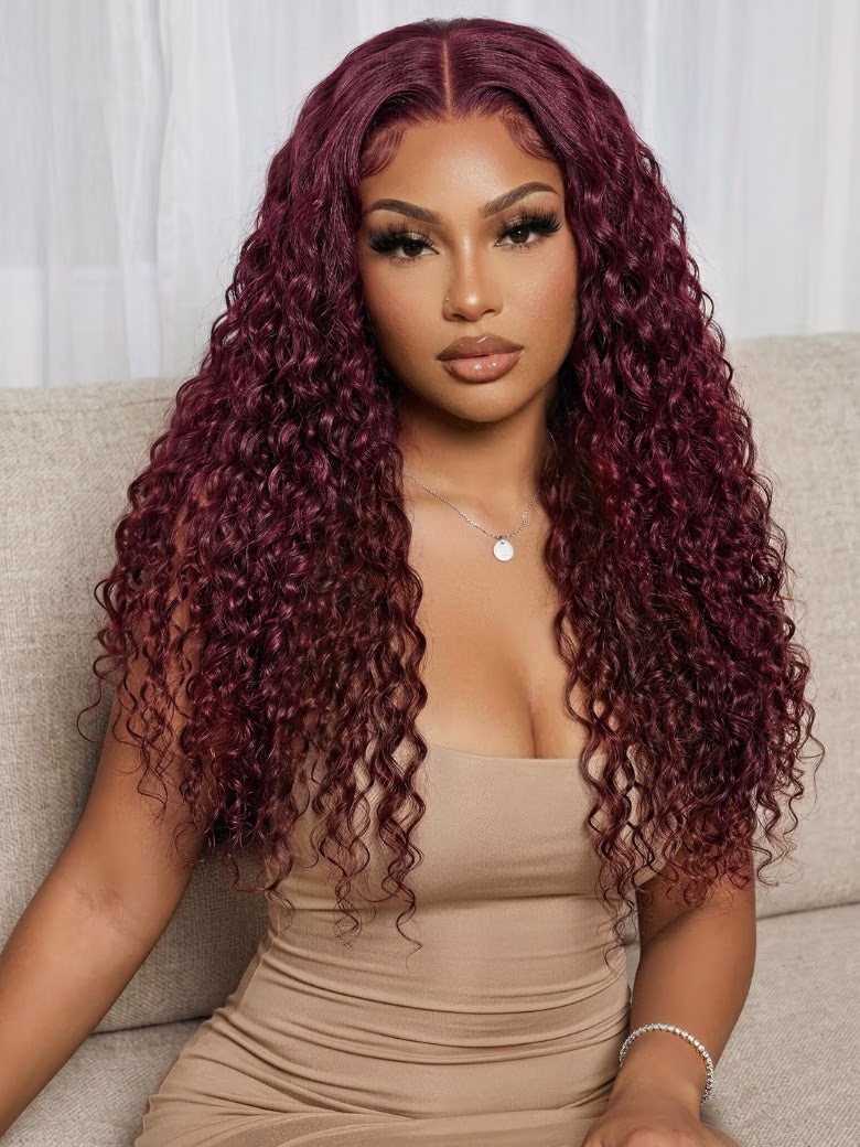 13x4 Pre Everything 99J Burgundy Water Wave Lace Frontal Wig With Invisi Drawstring