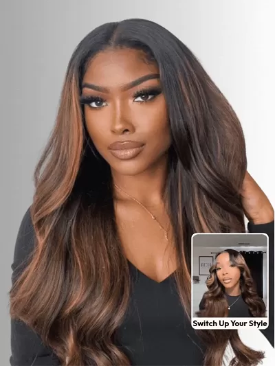 UNice 7x5 Bye Bye Knots™ Wig Glueless Lace Balayage Highlight Body Wave Drawstring Curtain Bangs Wig
