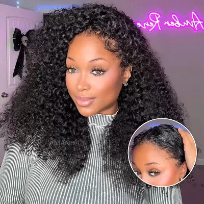 Upgrade V Part Jerry Curly Glueless Wig Invisi Drawstring Real Scalp Virgin Human Hair