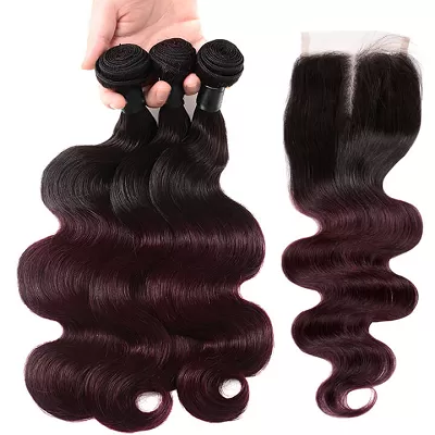 Brazilian Body Wave Hair Bundles With Closure Ombre Burgundy 100% Real Human Hair Extensions