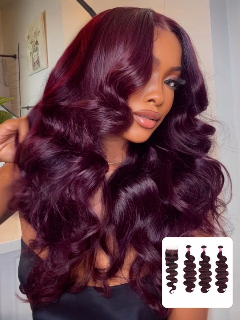 Body Wave Black Cherry Burgundy 3 Bundles With 4x4 Swiss Lace Closure