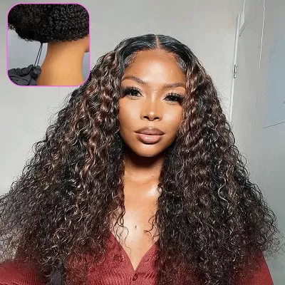 V Part Highlight Brown Water Wave Wig Handwoven Invisible Drawstring Glueless 100% Human Hair Beginner Friendly