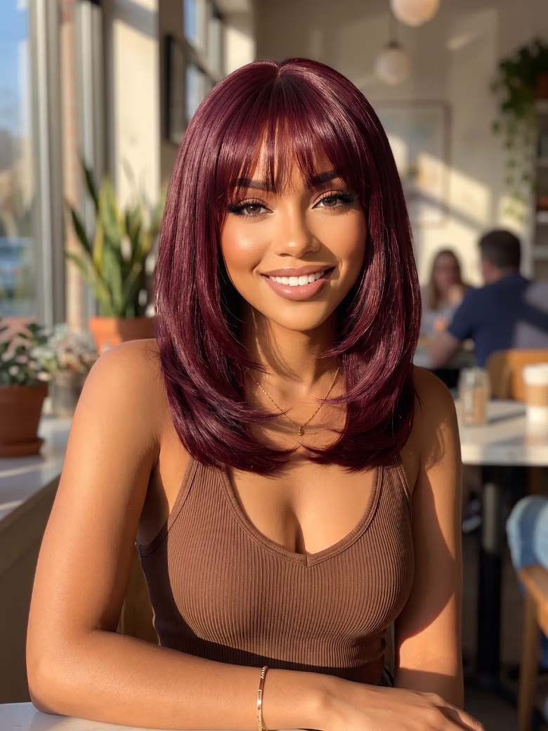 Purple Black Cherry Wispy Blow Out 7x5 Pre Cut Lace Loose Wave Bob Wig With Invisi Drawstring