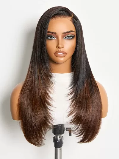 Luvme All-Day Comfort Wig 180% Density Ombre Brown Layered Light Yaki Straight Glueless 7x6 Closure HD Lace Human Hair Long Wig Pre-Cut Lace