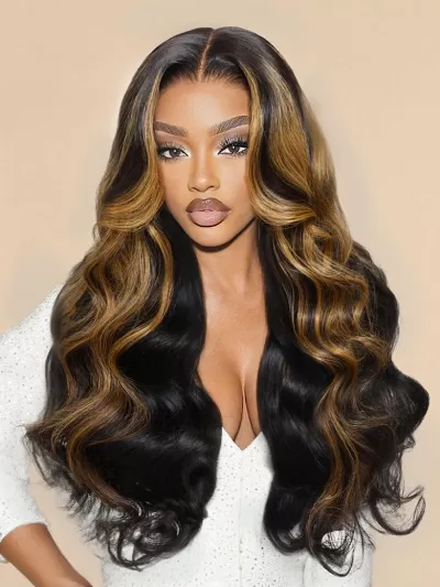 UNice 7x5 Bye-Bye Knots Black with Caramel Blonde Highlights Body Wave Lace Wig With Invisi Drawstring