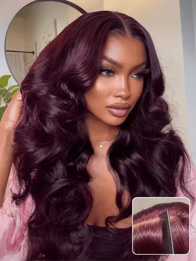 Black Cherry Lace Frontal Dark Burgundy Wig-Long Layered Cut & Pre Everything